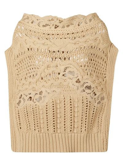 Ermanno Scervino Perforated Rib Trim Knit Top In Beige