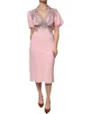 Ermanno Scervino Pink Floral Lace Short Sleeves V-neck Midi Women's Dress In Pink