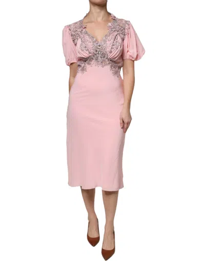 Pre-owned Ermanno Scervino Pink Floral Lace Short Sleeves V-neck Midi Women's Dress ()
