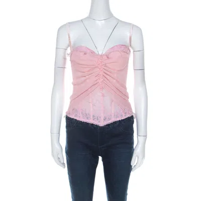 Ermanno Scervino Pink Pleated Silk Frayed Detail Ruffled Corset Top