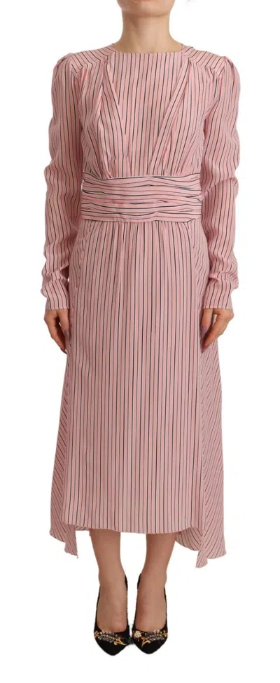 Pre-owned Ermanno Scervino Pink Stripes Long Sleeves Sheath Midi Women's Dress ()