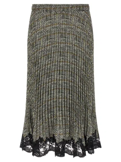 Ermanno Scervino Pleated Herringbone With Lace Hem Skirt In Black