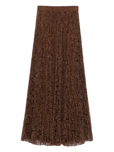 Ermanno Scervino Pleated Lace Maxi Skirt In Brown