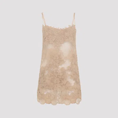 Ermanno Scervino Lace Overlay Mini Dress With Spaghetti Straps In Brown