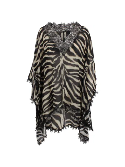 Ermanno Scervino Short Kaftan Zebra Pattern Sheer Lace In Black