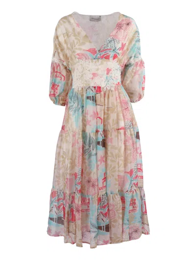Ermanno Scervino Puffed Sleeve Floral Midi Dress In Multi