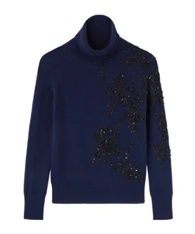 Ermanno Scervino Pure Cashmere Sweater With High Neck And Hand-embroidered Iris In Blue