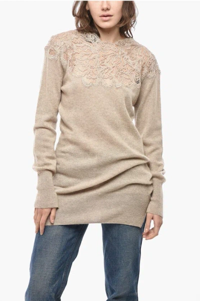 Ermanno Scervino Pure Cashmere Sweater With Lace Insert In Neutral