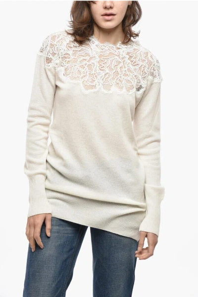 Ermanno Scervino Pure Cashmere Sweater With Lace Insert In White