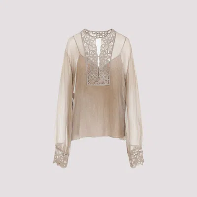 Ermanno Scervino Pure Silk Blouse With Floral Cutwork In Brown