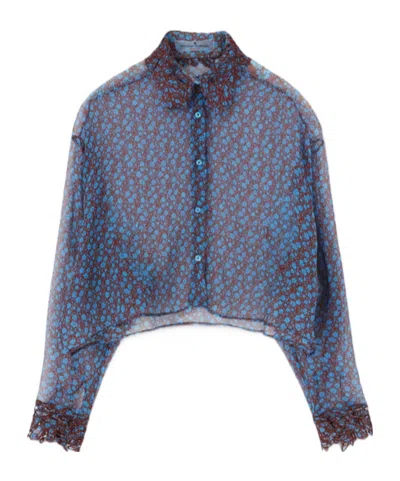 Ermanno Scervino Pure Silk Chiffon Shirt With Lace Details And Micro Flower Print In Gray