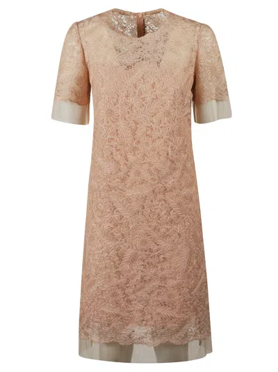 Ermanno Scervino Rear Zip Floral Lace Dress In Carne