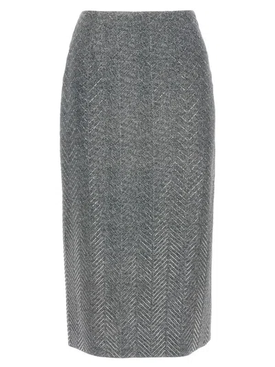 ERMANNO SCERVINO RHINESTONE-EMBELLISHED HERRINGBONE SILK MIDI SKIRT