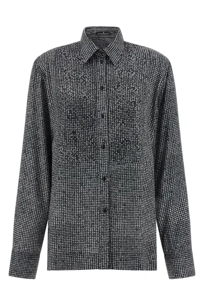 Ermanno Scervino Houndstooth Long Sleeve Rhinestone Shirt In Black