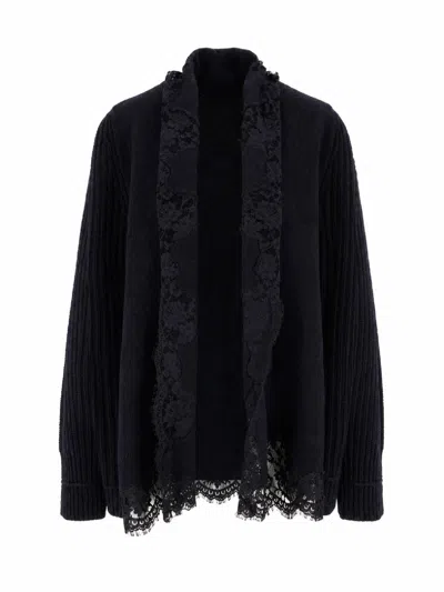Ermanno Scervino Ribbed Delicate Lace Trim Knit Cardigan In Black