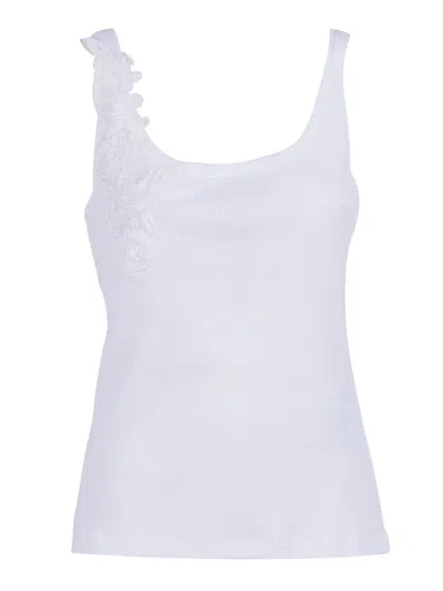 Ermanno Scervino Ribbed Floral Embroidered Tank Top In White