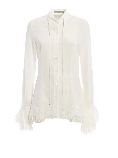 Ermanno Scervino Ruched Lace Detail Silk Shirt In White