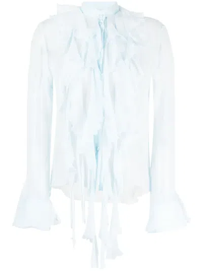 Ermanno Scervino Ruffled Sheer Silk Shirt In Dream Blue