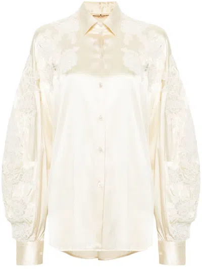 Ermanno Scervino Satin Finish Shirt With Floral Embroidery In Neutral