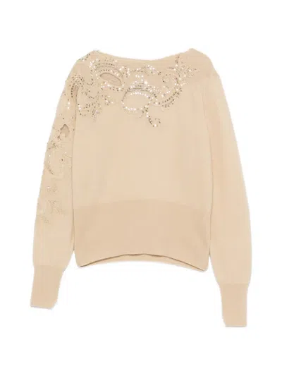 Ermanno Scervino Sequin-embellished Lace-insert Cashmere Sweater In Brown