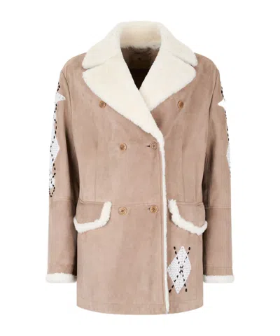 Ermanno Scervino Shearling Coat With Lapel In Neutral