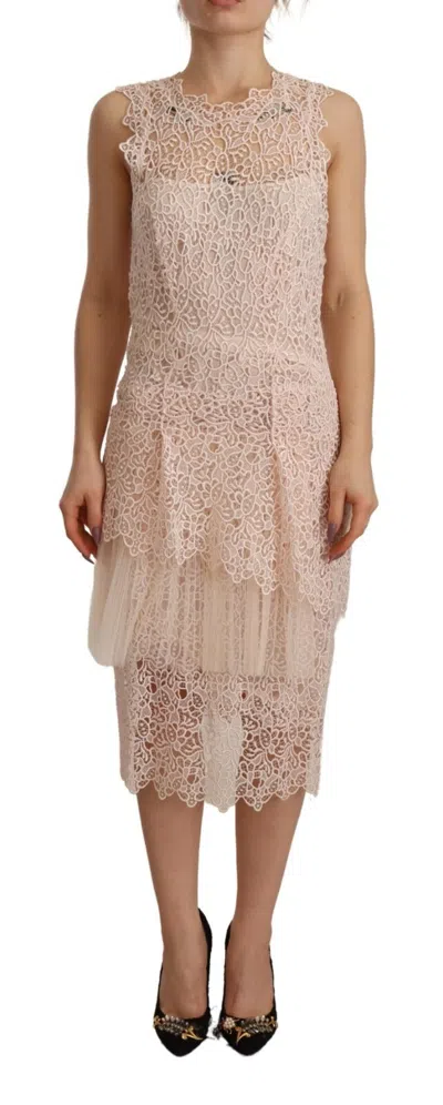 Pre-owned Ermanno Scervino Sheath Tiered Beige Viscose Sleeveless Midi Women's Dress ()