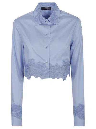 Ermanno Scervino Collared Cropped Lace Long Sleeve Top In Blue