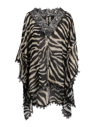 Ermanno Scervino Short Cotton And Silk Kaftan With Lace In Black