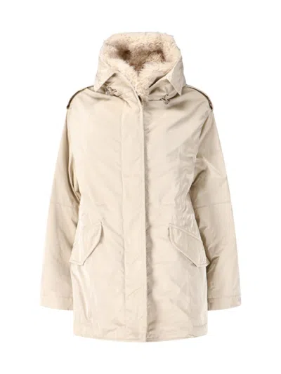 ERMANNO SCERVINO SHORT CREAMY BEIGE SHEARLING-LINED JACKET WITH EPAULETS