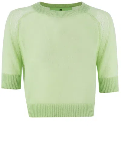 Ermanno Scervino Short-sleeve Cashmere T-shirt With Micro Rib Finish In Pistachio Green