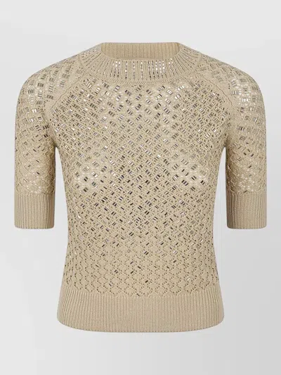 Ermanno Scervino Short Sleeve Knit Top Crew Neck In Brown