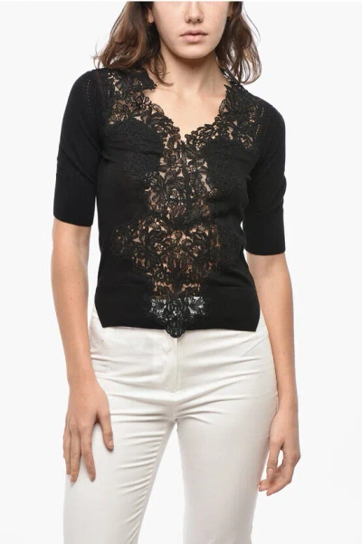 Ermanno Scervino Short-sleeved Cashmere Blend Sweater With Lace Detail In Black