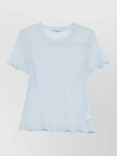 Ermanno Scervino Short Sleeves Lace Sheer Top Scalloped Hem In Blue