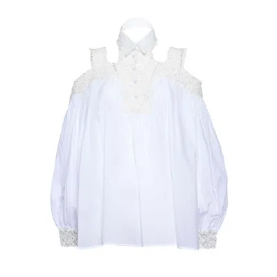 ERMANNO SCERVINO SILK BLOUSE WITH FLORAL LACE INSERTS