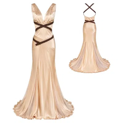 Pre-owned Ermanno Scervino Silk Champagne Gown With Sheer Panels Fall/winter 2004 Sz 38it In Sand