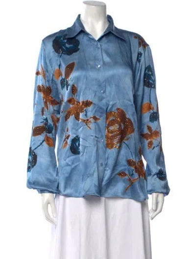 Pre-owned Ermanno Scervino Silk Floral Print Button-up Top In Blue