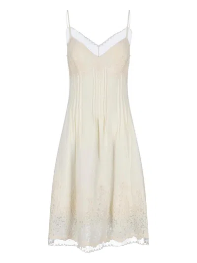 Ermanno Scervino Knee Length Dress Pleated Lace Spaghetti Straps In White
