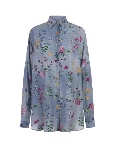 Ermanno Scervino Silk Over Shirt With Floral Print In Blue