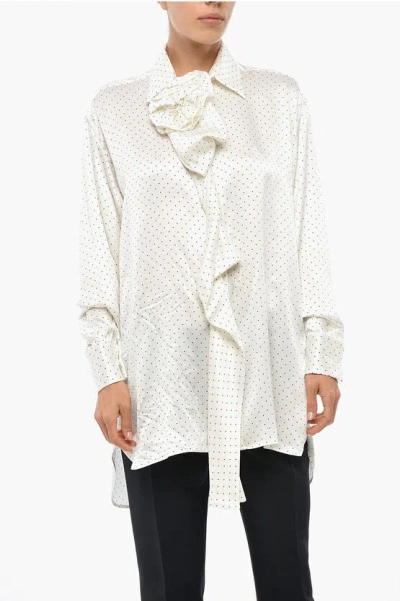 Ermanno Scervino Silk Satin Ruffle Front Shirt With Polka Dot Motif In Neutral