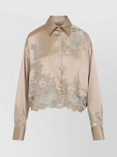 Ermanno Scervino Silk Shirt Embroidered Scalloped Hem In Neutral