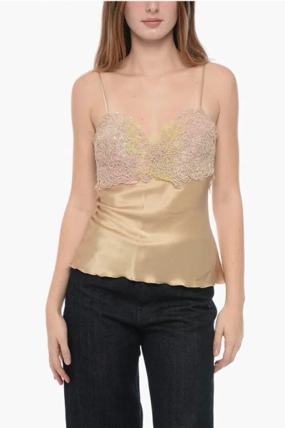 Ermanno Scervino Silk Top With Lace Application In Brown