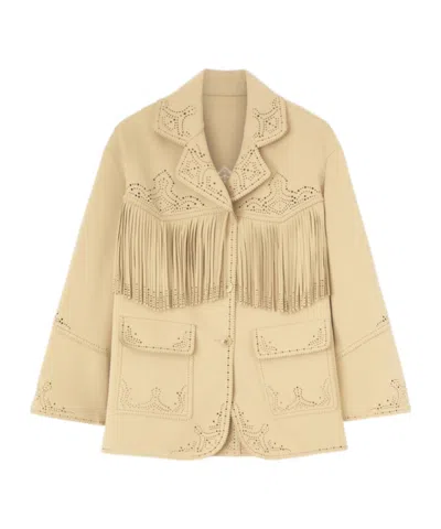 Ermanno Scervino Single-breasted Cadì Jacket With Fringes And Broguing In Neutral