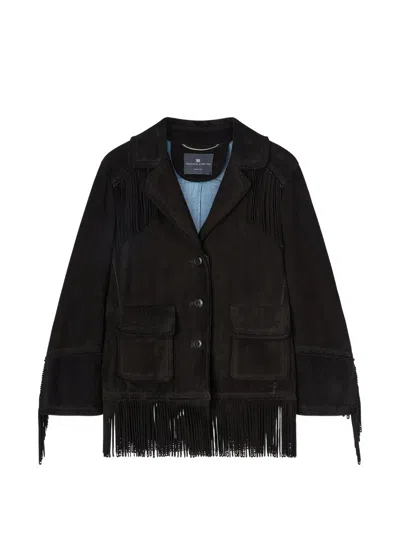Ermanno Scervino Single Breasted Coat Notched Lapel Fringe Pockets In Black
