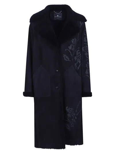 Ermanno Scervino Long Sleeve Suede Sheepskin Coat In Blue