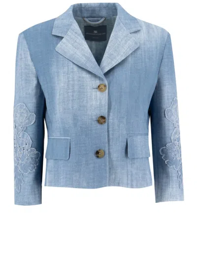 Ermanno Scervino Single Breasted Jacket With Floral Appliqués And Denim Effect In Blue