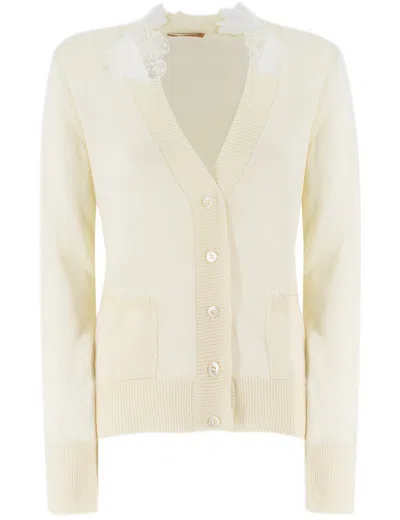 Ermanno Scervino Snow White Cardigan With Lace Applique