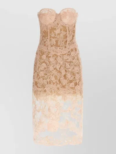 Ermanno Scervino Strapless Floral Lace Midi Fitted Dress In Neutral