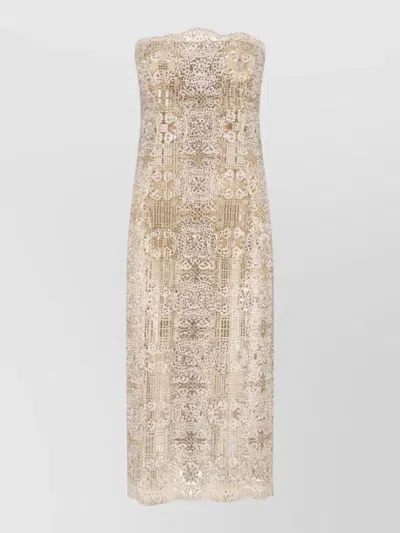 Ermanno Scervino Strapless Midi Dress Lace Scalloped Hem In Gold