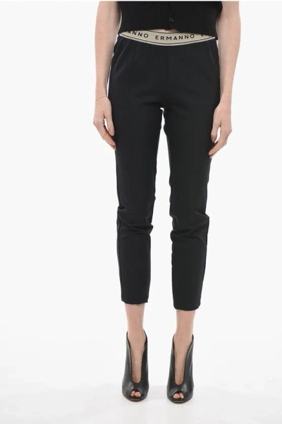 Ermanno Scervino Stretch Fabric Pants With Logoed Waistband In Black