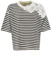 Ermanno Scervino Striped Cotton T-shirt With Floral Lace Detail In Black